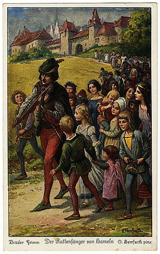 [Bild: Rattenfänger-Illustration auf einer alten Postkarte]